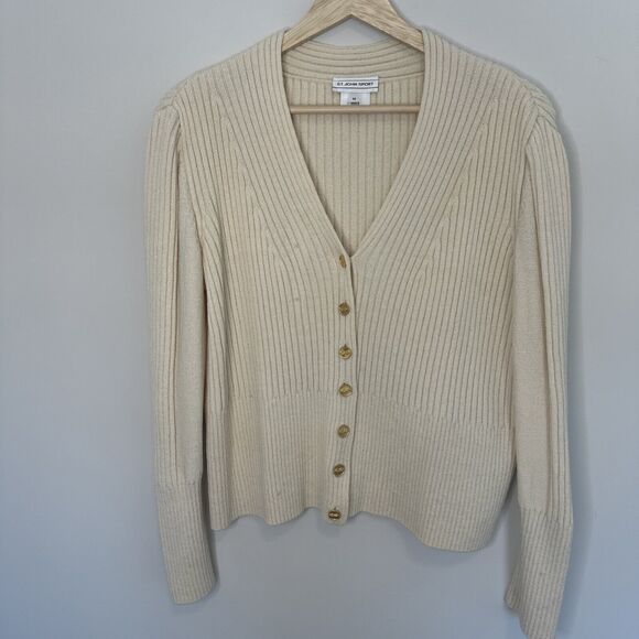 ST. JOHN SPORT Sweater Cardigan Beige Open Front Long Sleeves Buttons Medium - Picture 1 of 13